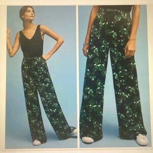Anthro Elevenses Floral Botanical green wide leg pants